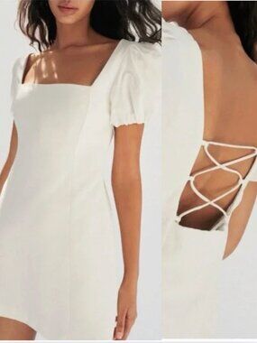 Zara Square Neck Puff Sleeve Dress White Mini 100% Cotton